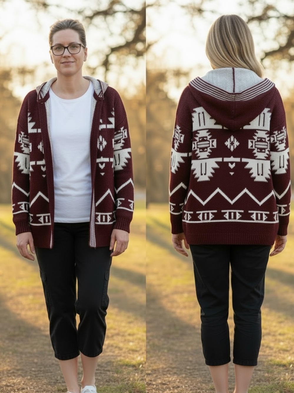 Pink Rose Maroon and White Aztec Hooded Cardigan